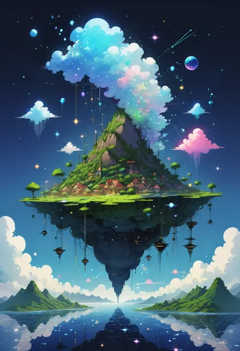 a surreal dreamscape unfolds, where floating islands made of pixelated clouds drift in a sky filled with glitching constellation...