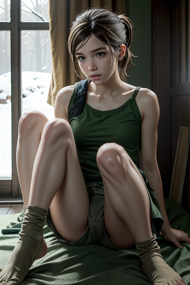 Ellie,candid shot, Youngh, TLOU1, Ellie, perfect  skin, no tattoos, muka detalhado, muka, brown hair, greeneyes, chemise, no pants, wearing panties, only panties, thighs showing, legs open, looking serious, parted lips, sitting, Room, sitting na cama, wearing green socks, House, House destruída, post apocalyptic, high qualiy, work of art, fully body
