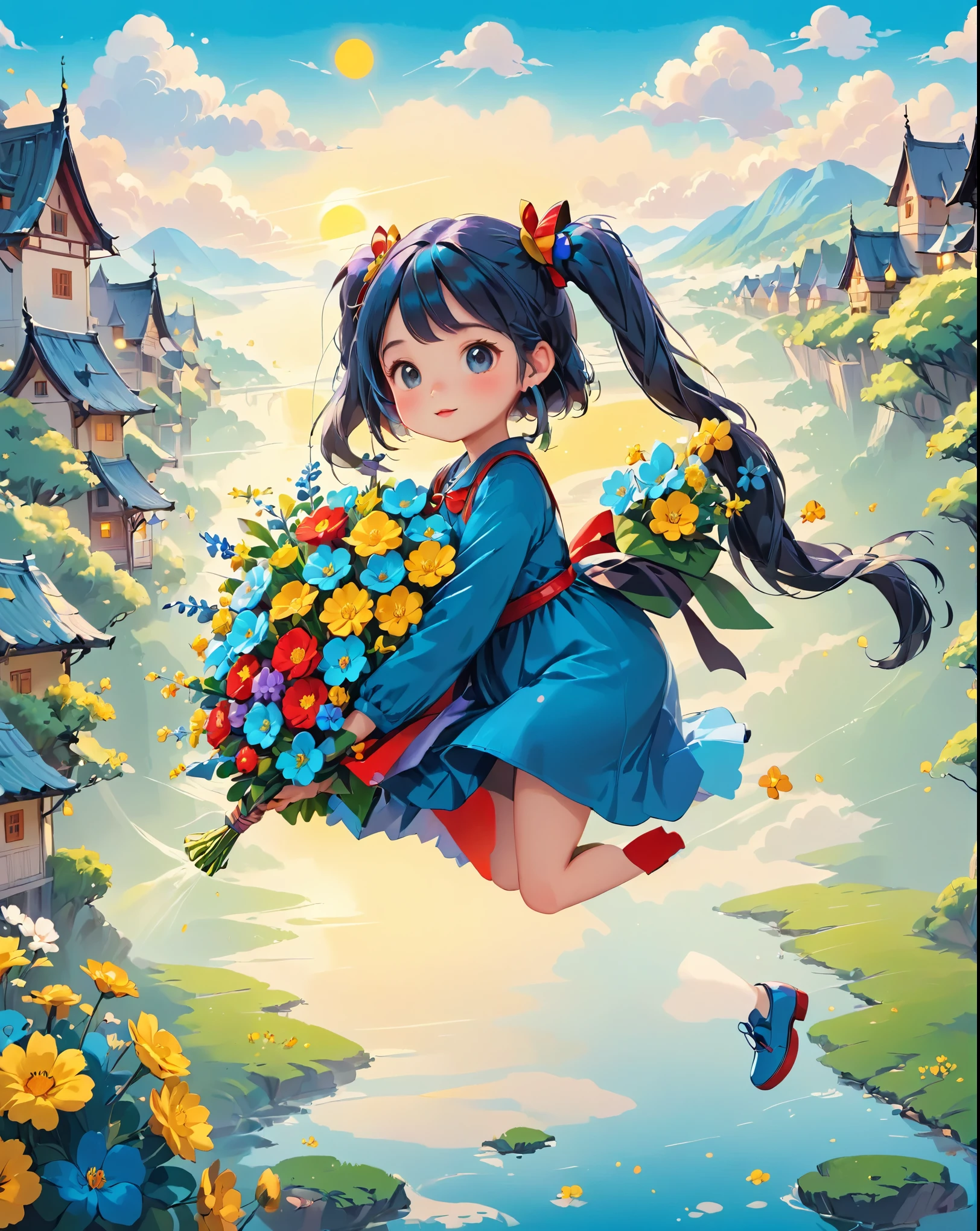 Light blue long hair、Cute chibi character with twin tails、I have a bouquet。, Cute digital art, Adorable digital painting, Carrying flowers, Cute cartoon, Cute and detailed digital art, Li Song, Cute cartoon character, Beautiful artwork illustration, [Realistic cute girl painting, Cute and adorable, Cute art style, 