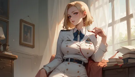 a sexy blonde girl with a voluptuous body wearing a new short naval dress uniform, it&#39;s too sexy and sensual, it has white l...