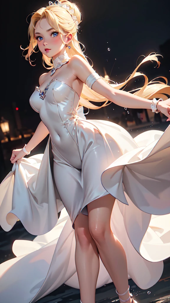 1girl, solo, elegant hair (full body: 1.1), (side at the viewer: 1.1), filmg , sweet_lolita, Best quality, masterpiece, blond hair, blue eyes, Exquisite mouth,Very detailed face, blush, Shiny wet skin, Pink lips, Delicate lips, one piece race queen cosplay outfit, garage background, low lighting, captured mid-step in an elegant walk, with one leg extended forward and the other following naturally. Her arms should be relaxed by her sides or gently swinging, and her posture should be tall and confident, exuding grace and poise.