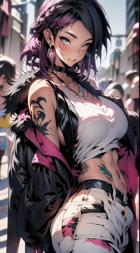 masterpiece, best quality, pixiv, cool girl, many piercings, earrings, tattoos, black fur, pink dip dyed hair, grey eyes