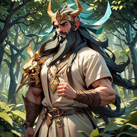 enkidu, a middle eastern wild-man, stands tall in uruk's dense forest. his thick, black hair and beard cascade down his shoulder...