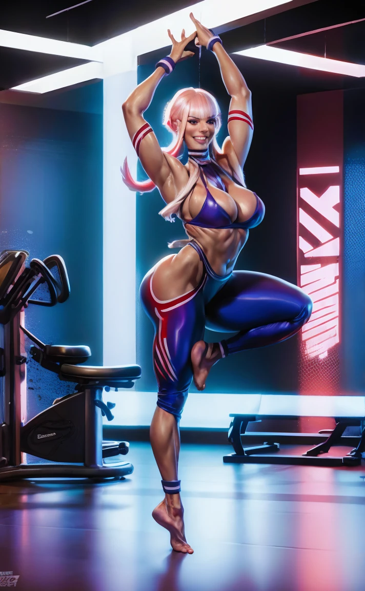 tall woman,  Age 22 , white skin color ,  , big boobies , defined curves , tight gym clothes with a very deep neckline, manon STF IV , Gym Scenario , Installation of.barefoot fight , one leg up (high qualiy) Masterpiece artwork , Grinning 