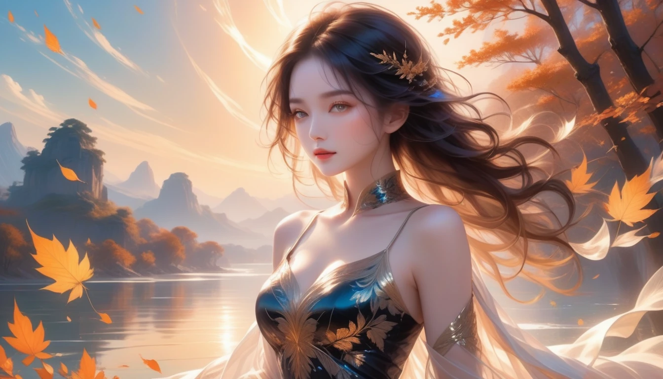 A Masterpiece In 32K Resolution, Supreme Quality, Super Detail, Official Art, Very High-Resolution 32K Wallpaper, Exquisite And Aesthetic, Ultra-Detailed Features, Awe-Inspiring Detail. A Mystical Landscape With (Falling Leaves), (Intricate Wind Patterns), And Skin With A Soft, Velvet Sheen (Highlight Her Ample Breasts). A Character With A Mysterious Expression, Flowing Black Hair, Slightly Tousled But Majestic, And Golden Eyes That Seem To Pierce Through The Soul. Her Features Are Delicate And Alluring, Lit By (Warm Sunset Glow). (Beautifully Detailed Beauty), With Subtle Shifts In Expression, Surrounded By An Otherworldly Aura. The Reflections On The Water Echo The Fine Details Of The Surroundings, With A (Timeless Face) Captured To Perfection. This Is An Ultra-Detailed Painting Of A Strikingly Delicate Figure, Showcasing An Ethereal Charm That Captivates The Viewer.