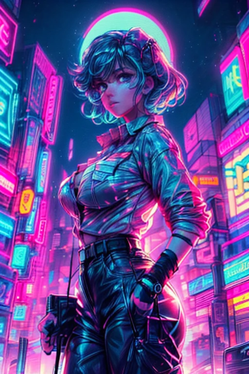 A sexy woman in 80's cloths, a see through white shirt, and a gym pants, big ass, in 1985 city scenario, neon lights, night time, big ass, big tits 