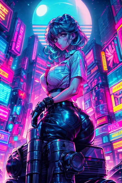 a sexy woman in 80's cloths, a see through white shirt, and a gym pants, big ass, in 1985 city scenario, neon lights, night time...