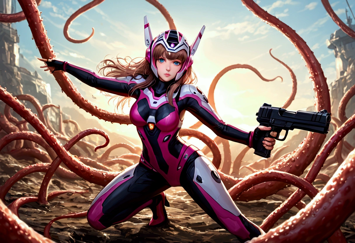 cute Yuna (age 25, sci fi action adventure suit, sexy, lase pistol, domed helmet), she is in an action pose shooting her laser pistol at a tentacle beast, her color coordinated mecha is nearby, alien world
