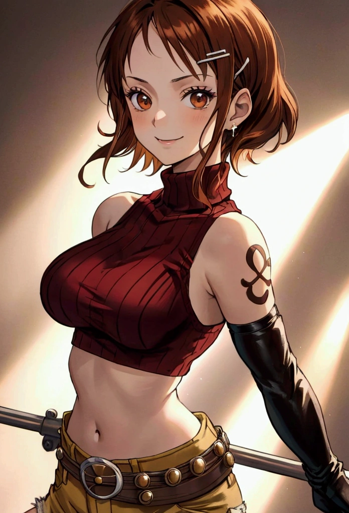 HikariDef, Brown eyes, Red eyes, Brown hair, short hair, hair ornament, hairclip, sleeveless shirt, turtleneck, bare shoulders, elbow gloves, Gloves without fingers, High-waisted shorts, yellow shorts, belt, jewelry, smile, cowboy shot, open arms,, absurdities, ultra detailed, masterpiece, Best Quality, Aesthetic, detailed, big breasts