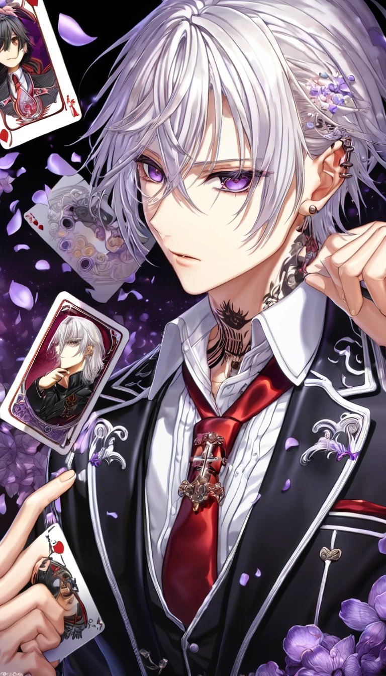 absurdres, highres, ultra detailed, HDR, master piece, Kiryuu Zero, white hair, short hair, expressive purple eyes, black uniform with trimming, white shirt, red necktie, Vampire Knight, piercing on his left ear, tattoo of a cross on his neck, Amnesia Memories, sexy man, handsome, best quality, purple blossoms, purple petals, purple flowers, fantasy, magical, purple shining fireflies, solo, purple heart of cards, sensual, 