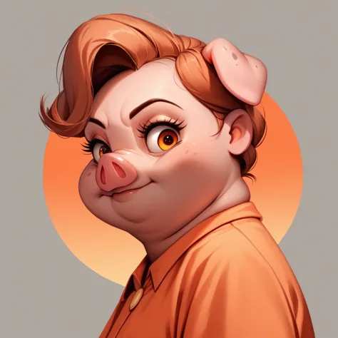 pudgy pig with orange-pink orange-brown and dark-gray color palette, disney style,