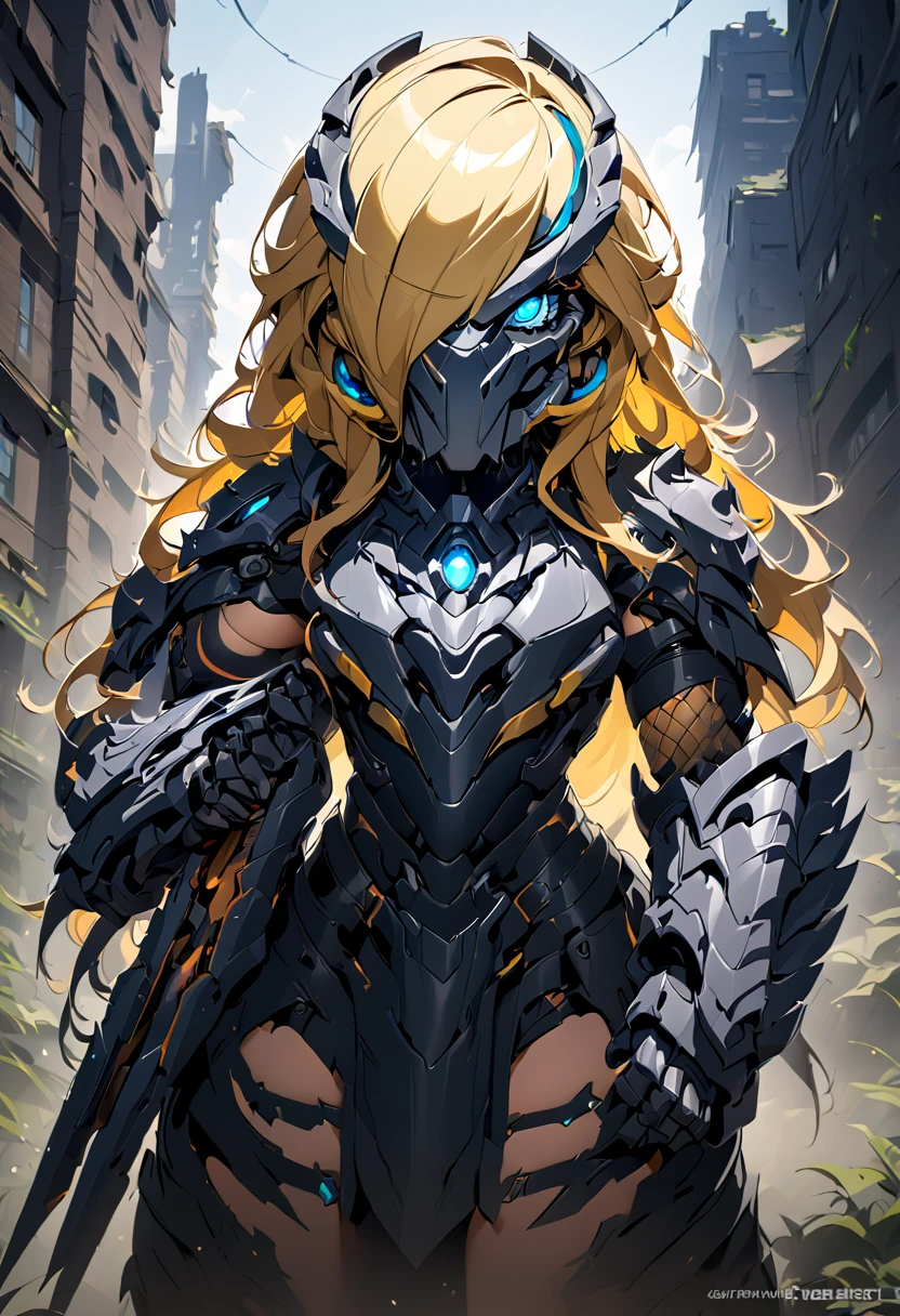 Masterpiece 8k,gorgeous  woman, [blonde hair, blue colored eyes, detailded, realisitic, digitl art, octane rendering, black predator armor, dark city, skulls in armor, blades in hands 