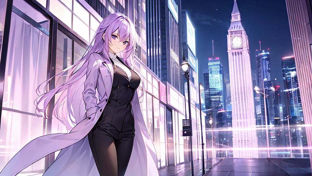 woman　clear　Light purple hair　　coat　　Slender　　　　European cityscape
