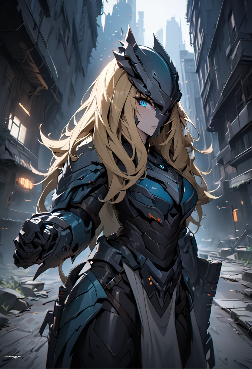 Masterpiece 8k,gorgeous  woman, [blonde hair, blue colored eyes, detailded, realisitic, digitl art, octane rendering, black predator armor, dark city, skulls in armor, blades in hands