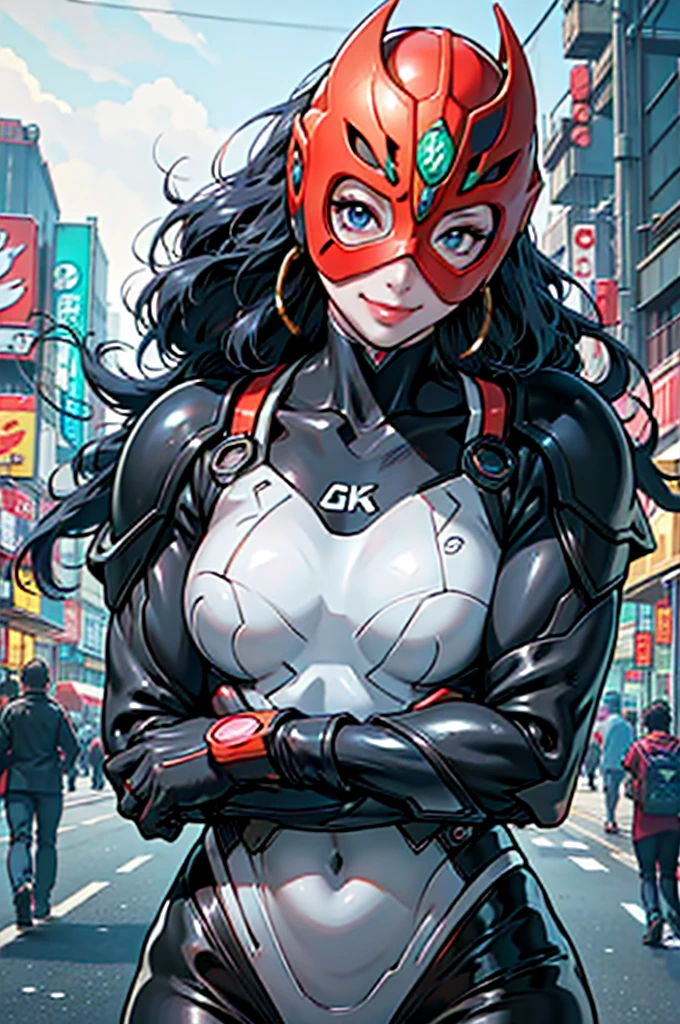 (8k),(masterpiece),(Japanese),( long hair girl),((innocent look)),((Childish)),From the front,smile,cute,Innocent,Kind eyes,Flat chest, red helmet,blue domino mask, messy haired Strong wind,night,dark, Neon light cyberpunk city,Kamen_Rider,camisa