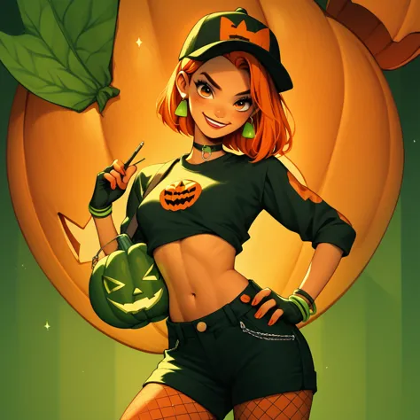 disney style,  pumpkin rapper with red orange and green color palette