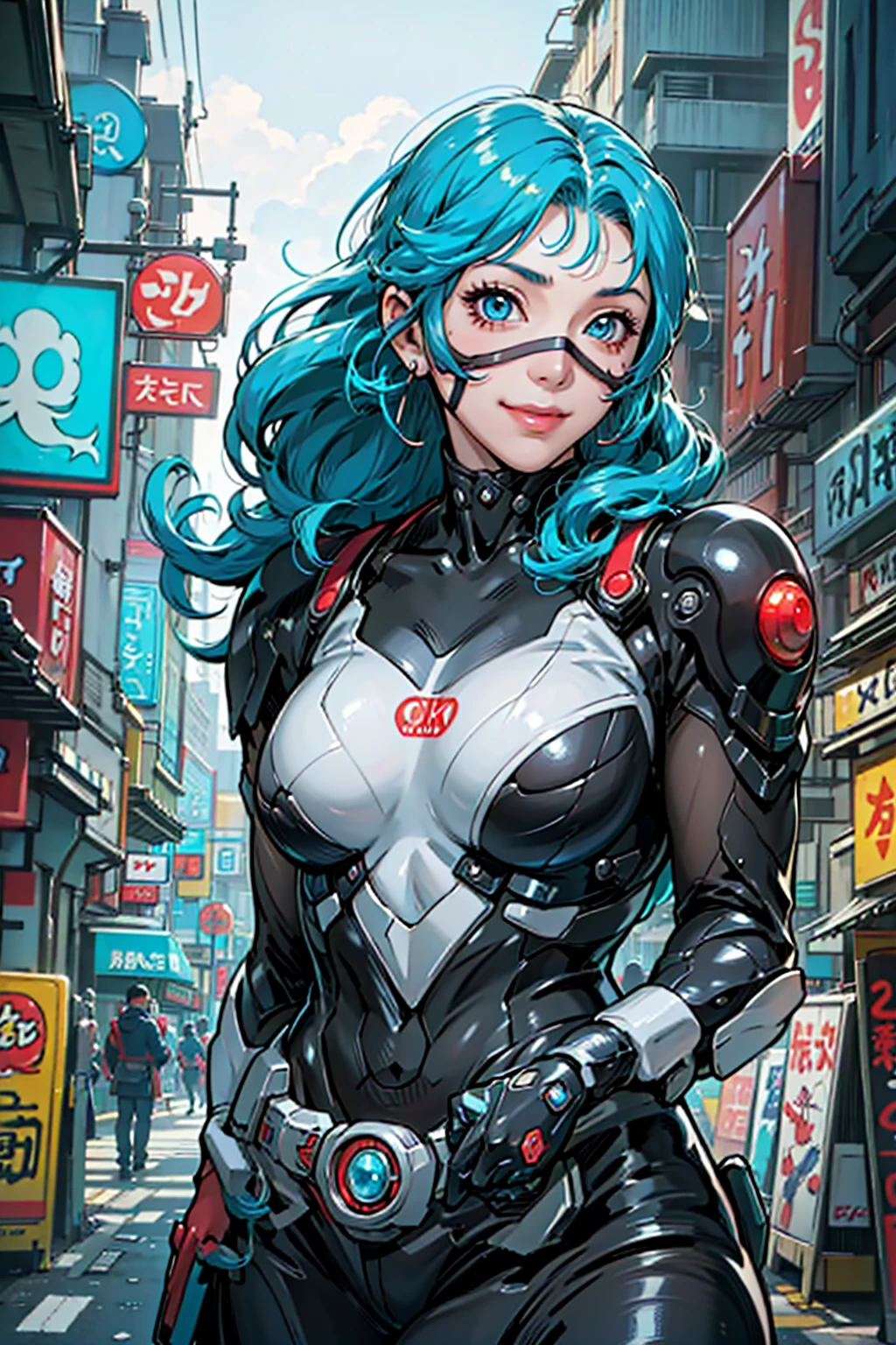 (8k),(masterpiece),(Japanese),( long hair girl),((innocent look)),((Childish)),From the front,smile,cute,Innocent,Kind eyes,Flat chest, red helmet,blue domino mask, messy haired Strong wind,night,dark, Neon light cyberpunk city,Kamen_Rider,camisa