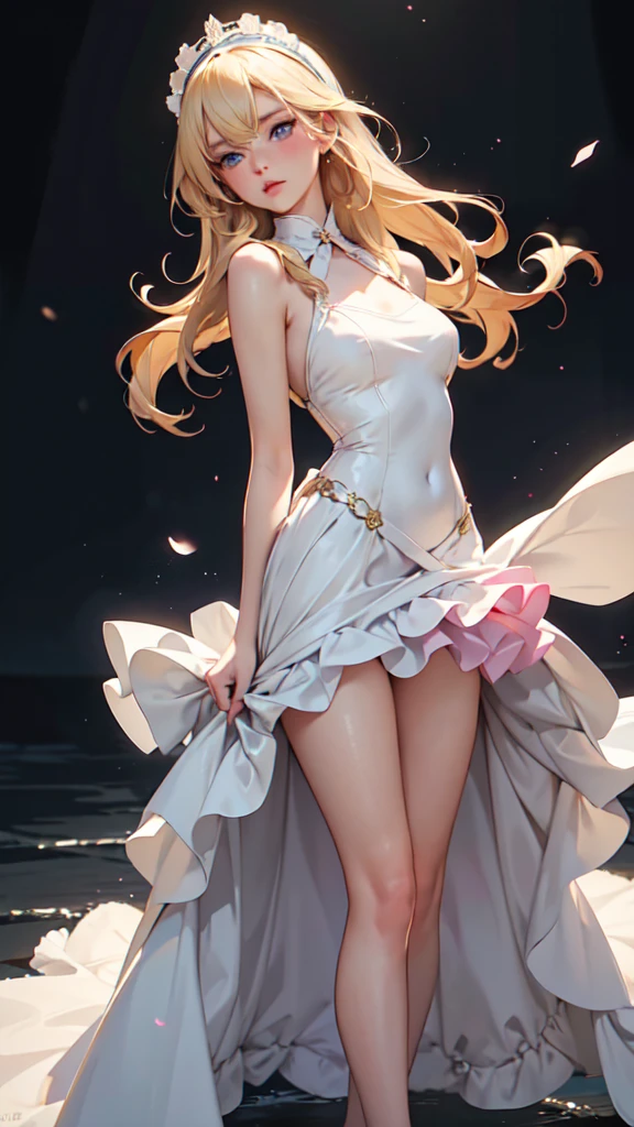 1girl, solo, elegant hair (full body: 1.1), (side at the viewer: 1.1), filmg , sweet_lolita, Best quality, masterpiece, blond hair, blue eyes, Exquisite mouth,Very detailed face, blush, Shiny wet skin, Pink lips, Delicate lips, one piece race queen cosplay outfit, garage background, low lighting,  standing tall with a slight lean forward or backward, her dress billowing in the wind. One leg can be extended slightly forward to give the impression of movement, and her arms can be gently raised or relaxed by her sides.