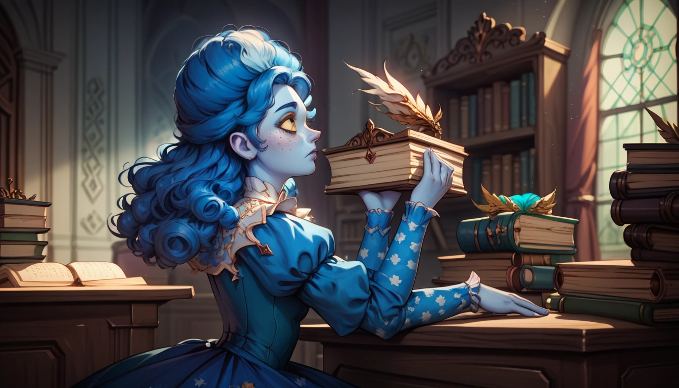 high definition, cute face, frankelda, 1girl, solo, dress, striped, blue hair, puffy sleeves, colored skin, freckles, baroque, upper body, sitting down on green baroque chair, hands on top of a desk, writting in a book, detailed background, dark floral wallpaper, yellow sclera, pile of books aside, side view, look up, sad