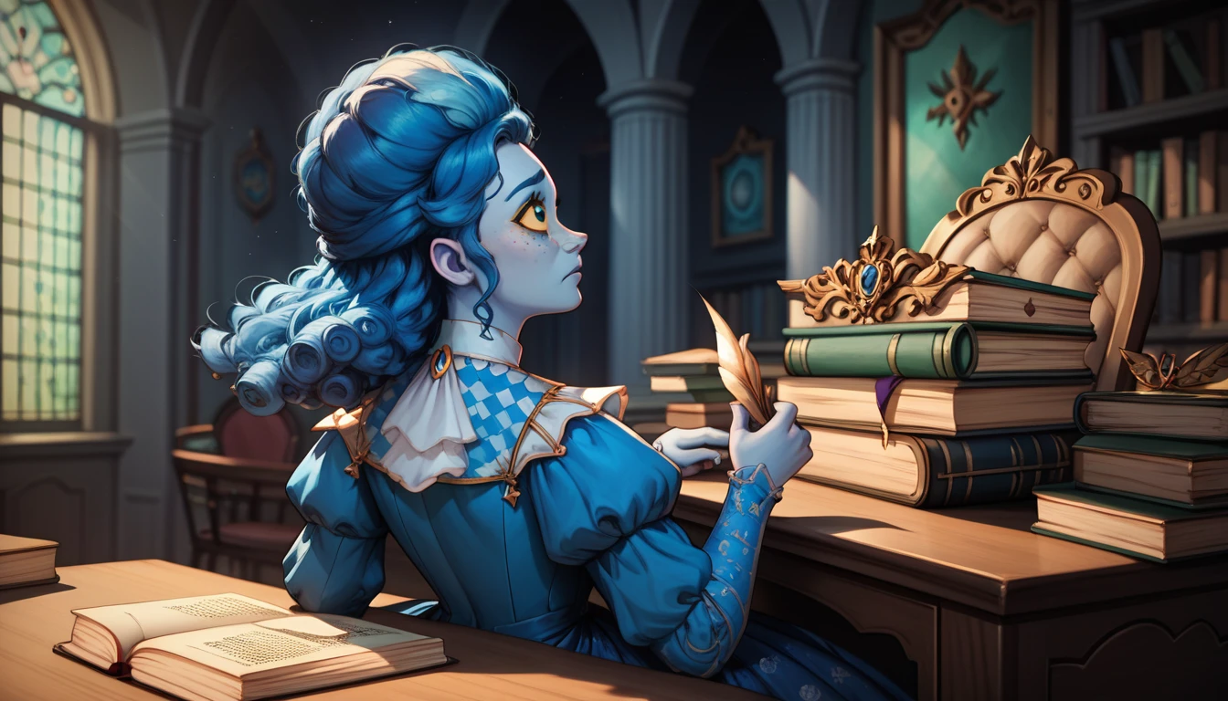 high definition, cute face, frankelda, 1girl, solo, dress, striped, blue hair, puffy sleeves, colored skin, freckles, baroque, upper body, sitting down on green baroque chair, hands on top of a desk, writting in a book, detailed background, dark floral wallpaper, yellow sclera, pile of books aside, side view, look up, sad, night