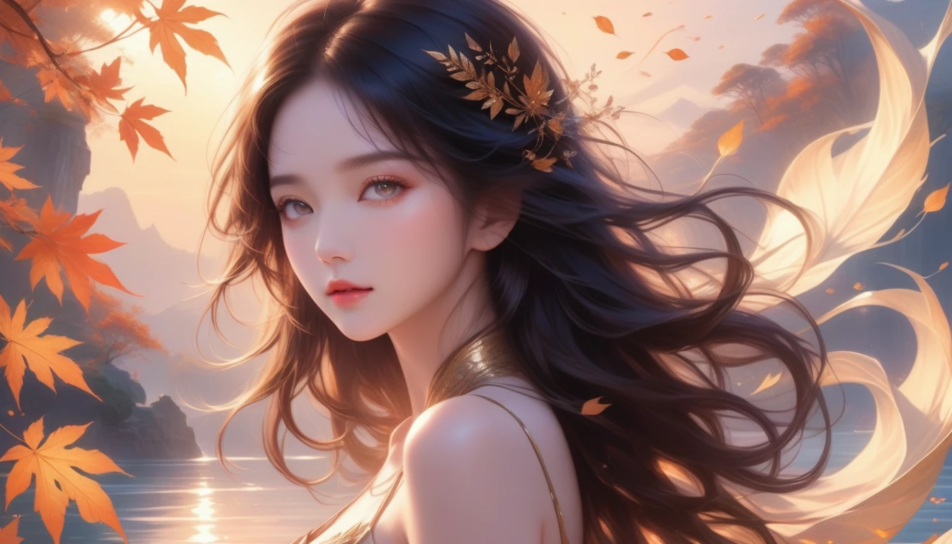 A Masterpiece In 32K Resolution, Supreme Quality, Super Detail, Official Art, Very High-Resolution 32K Wallpaper, Exquisite And Aesthetic, Ultra-Detailed Features, Awe-Inspiring Detail. A Mystical Landscape With (Falling Leaves), (Intricate Wind Patterns), And Skin With A Soft, Velvet Sheen (Highlight Her Ample Breasts). A Character With A Mysterious Expression, Flowing Black Hair, Slightly Tousled But Majestic, And Golden Eyes That Seem To Pierce Through The Soul. Her Features Are Delicate And Alluring, Lit By (Warm Sunset Glow). (Beautifully Detailed Beauty), With Subtle Shifts In Expression, Surrounded By An Otherworldly Aura. The Reflections On The Water Echo The Fine Details Of The Surroundings, With A (Timeless Face) Captured To Perfection. This Is An Ultra-Detailed Painting Of A Strikingly Delicate Figure, Showcasing An Ethereal Charm That Captivates The Viewer.