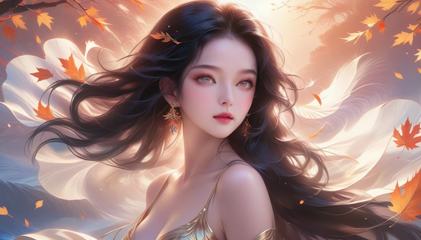 A Masterpiece In 32K Resolution, Supreme Quality, Super Detail, Official Art, Very High-Resolution 32K Wallpaper, Exquisite And Aesthetic, Ultra-Detailed Features, Awe-Inspiring Detail. A Mystical Landscape With (Falling Leaves), (Intricate Wind Patterns), And Skin With A Soft, Velvet Sheen (Highlight Her Ample Breasts). A Character With A Mysterious Expression, Flowing Black Hair, Slightly Tousled But Majestic, And Golden Eyes That Seem To Pierce Through The Soul. Her Features Are Delicate And Alluring, Lit By (Warm Sunset Glow). (Beautifully Detailed Beauty), With Subtle Shifts In Expression, Surrounded By An Otherworldly Aura. The Reflections On The Water Echo The Fine Details Of The Surroundings, With A (Timeless Face) Captured To Perfection. This Is An Ultra-Detailed Painting Of A Strikingly Delicate Figure, Showcasing An Ethereal Charm That Captivates The Viewer.