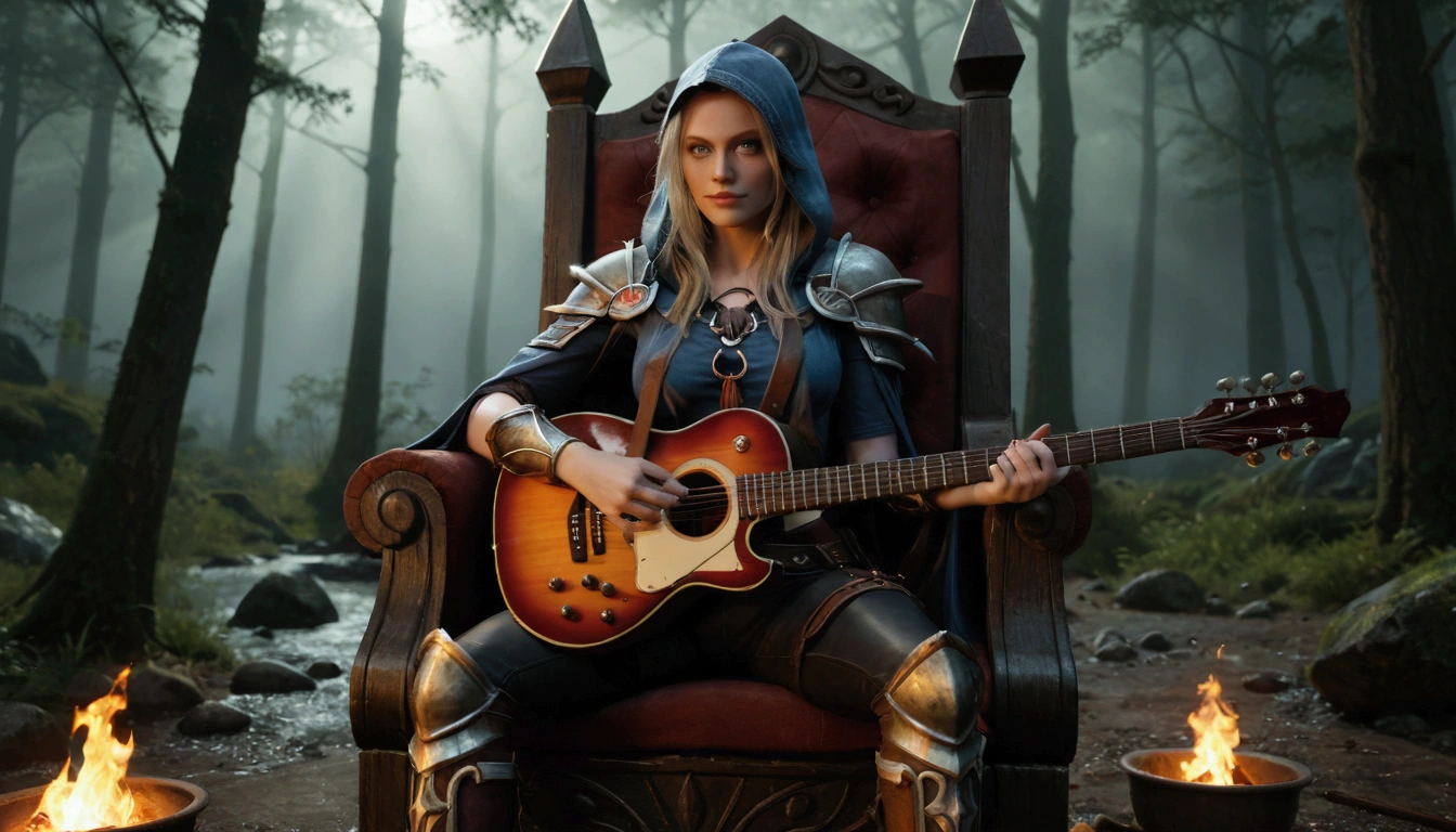 sylvanas windrunner, the legendary leader of the Renegades, sits on a dark wooden throne, surrounded by an aura of mystery and magic. in her hands, ela segura umthe guitar vermelha vibrante, its strings seemingly pulsing with supernatural energy. Os olhos dela, burning with supernatural intensity, look directly at the viewer, as if challenging them to come closer. Their long, white hair falls over the shoulders, framing her pale, ethereal face. Her lips, painted deep red, curves into an enigmatic smile, as if she kept secrets that only she knew. the guitar, that seems to have been created by magical hands, emits an intense red light that illuminates the environment around it. The strings vibrate with an energy that seems almost palpable, as if they were alive and responding to Sylvanas&#39; touch. No fundo, a dark and mysterious mist spreads, as if the night itself was closing in around Sylvanas. The atmosphere is charged with tension and anticipation, like something is about to happen. The image is a mixture of shadows and light, of mystery and magic, capturing the essence of sylvanas windrunner as an enigmatic and powerful creature. a woman in red with a guitar in a forest, HD epic fantasy art style, 4k fantasy artwork, beautiful sorceress, sylvanas windrunner, Detailed Artgerm, background art, a beautiful sorceress, evil sorceress, detailed cover art, dark sorceress, black elf princess,