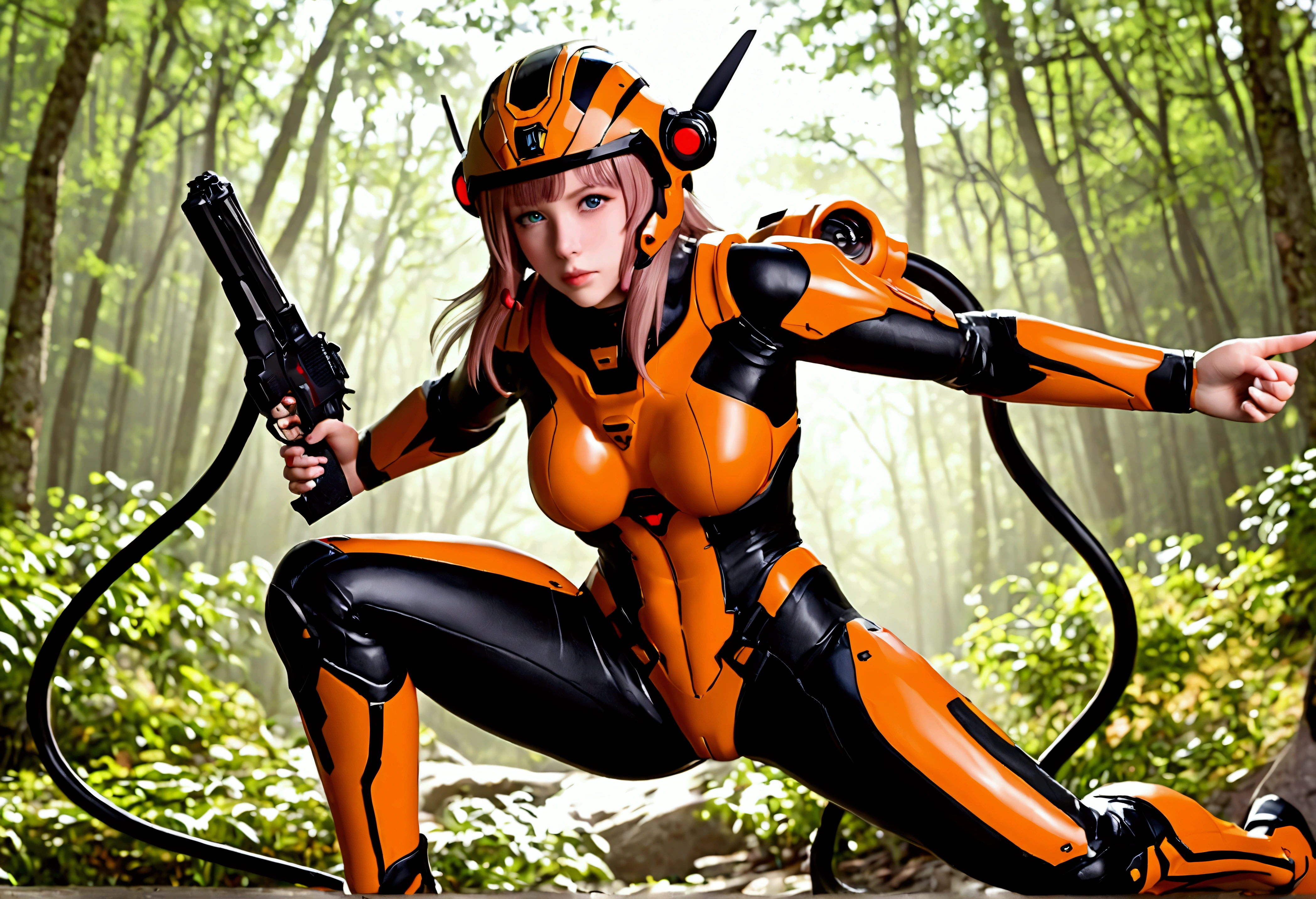 cute Yuna (age 25, sci fi action adventure suit, sexy, lase pistol, domed helmet), she is in an action pose shooting her laser pistol at a tentacle beast, her color coordinated mecha is nearby, alien world
