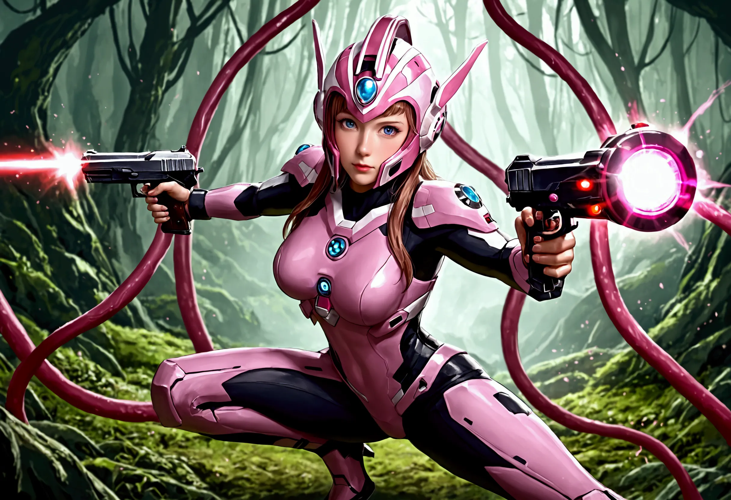 cute yuna (age 25, sci fi action adventure suit, sexy, lase pistol, domed helmet), she is in an action pose shooting her laser p...