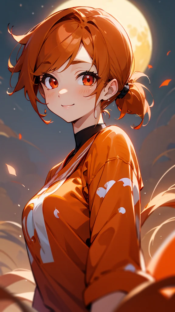 young woman、alone、Orange blouse shirt、Orange Hair、Side Ponytail、Beautiful red eyes、A gentle gaze、smile、Upper body close-up、Shrimp mascot、Delicate contours、Under the moonlight、Blurred Background