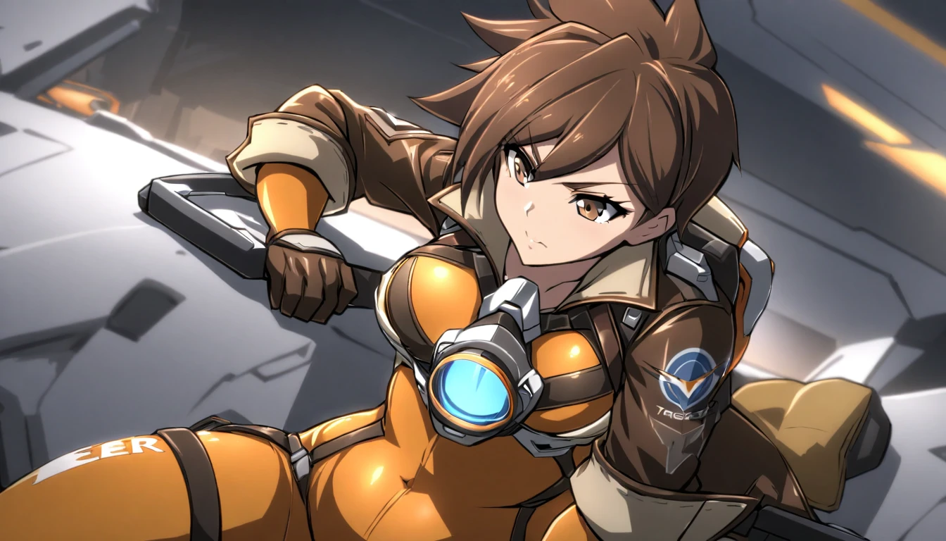 tracerオーバー1,One girl,alone,short hair,Brown Hair,gloves,Brown eyes,jacket,Bodysuits,Spiked Hair,goggles,Roll up your sleeves,brown jacket,leather,Harness,leather jacket,chest Harness,orange Bodysuits,bomber jacket,orange goggles,tracer (Overwatch)、Plump face、