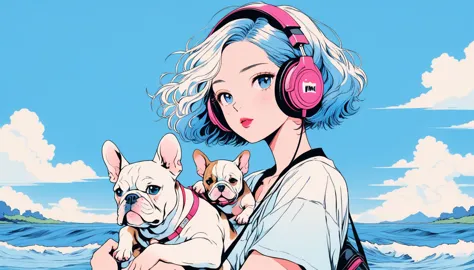 illustrator, japanese cartoon movies , realistic ,sketch , adult woman wearing headphones holding cute bulldog puppy, lip, pond、...