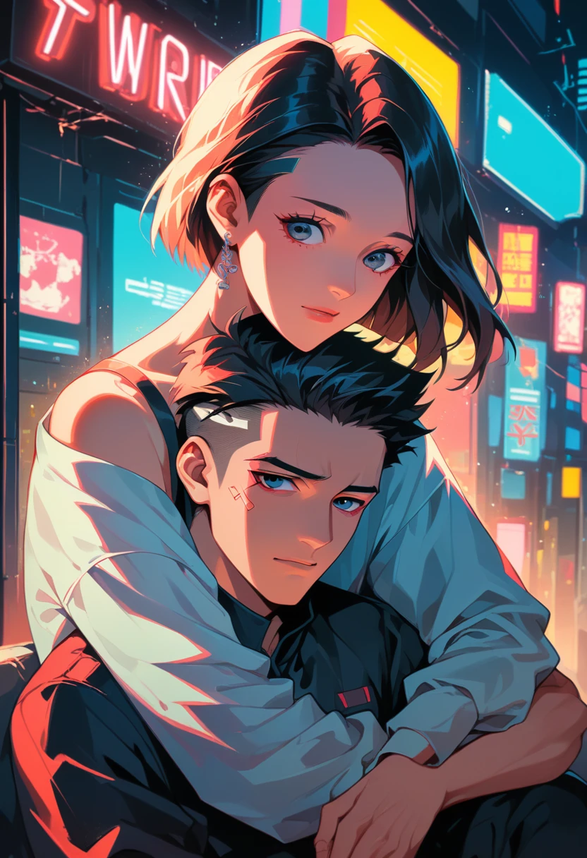 heterosexual couple:1.5, A YOUNG MAN A YOUNG WOMAN cyberpunk hugging looking at the camera, anime manga style:1.5, cyber computing station, terminals, Neon lights, Cinematic lighting, Hollywood style, super sharp image, masterpiece, HD,8k