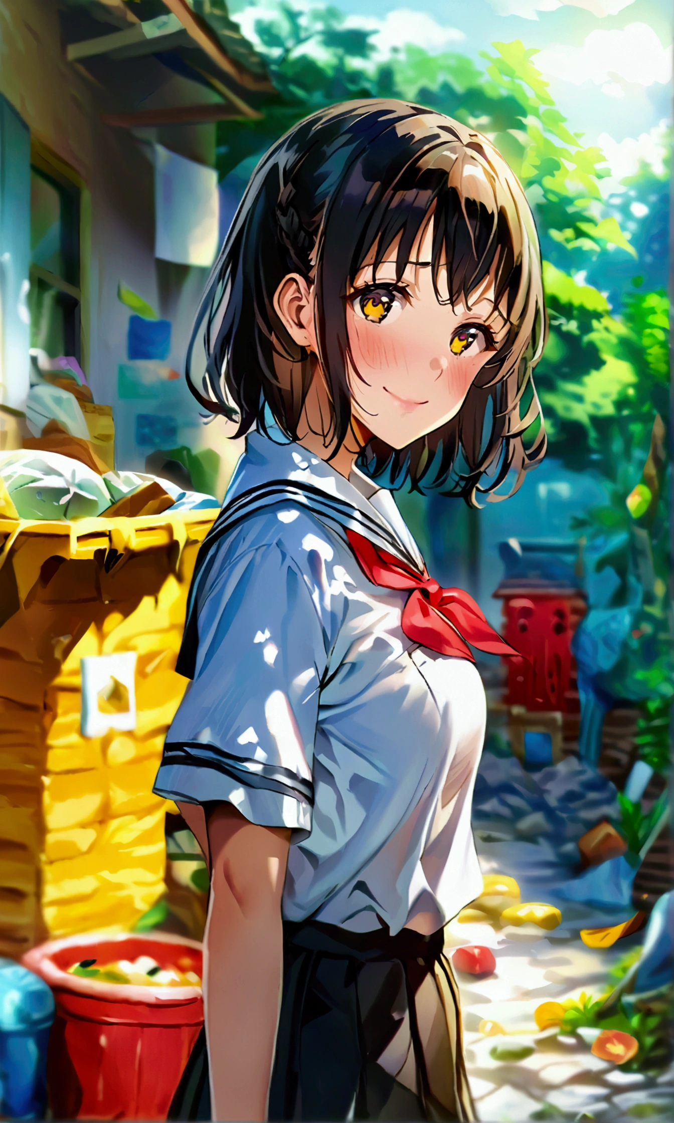 Tawawa on Monday,Ai-chan,Big Breasts,School uniform with short sleeves,high school girl,whole body,smile,blush,Garbage house,finely detailed beautiful face,high quality,anime,beautiful,High resolution,anime color,{{{{8k_wallpaper}}}},{{{masterpiece}}},{{{{Very fine grain}}}},{{{{Highly detailed body}}}},{{{{Highly detailed fingers}}}}