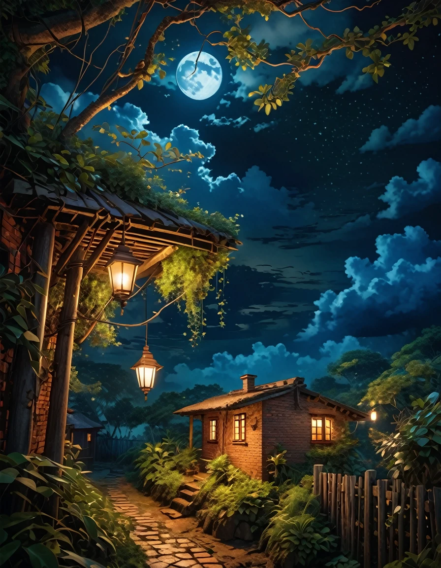 aerial view, an old brick hut, cracked walls, remote hainted location, hanging lamp on pole, wire, dense greenery around, dark, night time, moon hidden behind clouds,warm lit windows, tree branch, muddy path dimly lit by lamp, dim lights, wooden fencing, silence, dreamy, vibrant tones, no one, like a movie scene, cinematic tones, scenic, micro landscape, intrinsic details, dark, micro landscape, intrinsic details