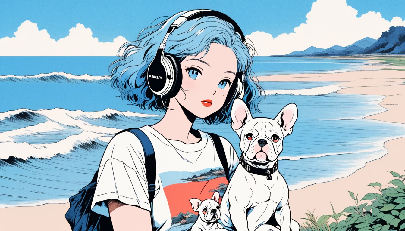 Illustrator, japanese cartoon movies , realistic ,sketch , Adult woman wearing headphones holding cute bulldog puppy, lip, pond、t-shirt,Order,Textured Trim, (masterpiece,best quality) [blue background, Neon hair,Textured Trim, Canadian, (masterpiece,best quality) cancer，summer landscape、Coast、blue sky、white waves、Vision、will