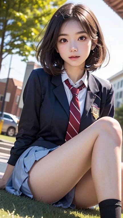 (((Highest quality))), ((masterpiece)), (detailed), ((solo)), (((((High school girl wearing large school uniform))))), ((Slim body)), (((Legs visible through a fluttering skirt))), (White skin), Long, slender legs, Mysterious Light, ((((Angle of view that includes the face and whole body)))), (((Well-formed face))), ((Big eyes)), ((((((Drooping eyes)))))), ((((Closer Eyes)))), [[[[[Thin eyebrows]]]]], Slim beautiful buttocks, (((Sit on the ground with your legs together))), (Glossy skin), ((Angle from below)),