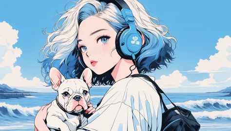 illustrator, japanese cartoon movies , realistic ,sketch , adult woman wearing headphones holding cute bulldog puppy, lip, pond、...