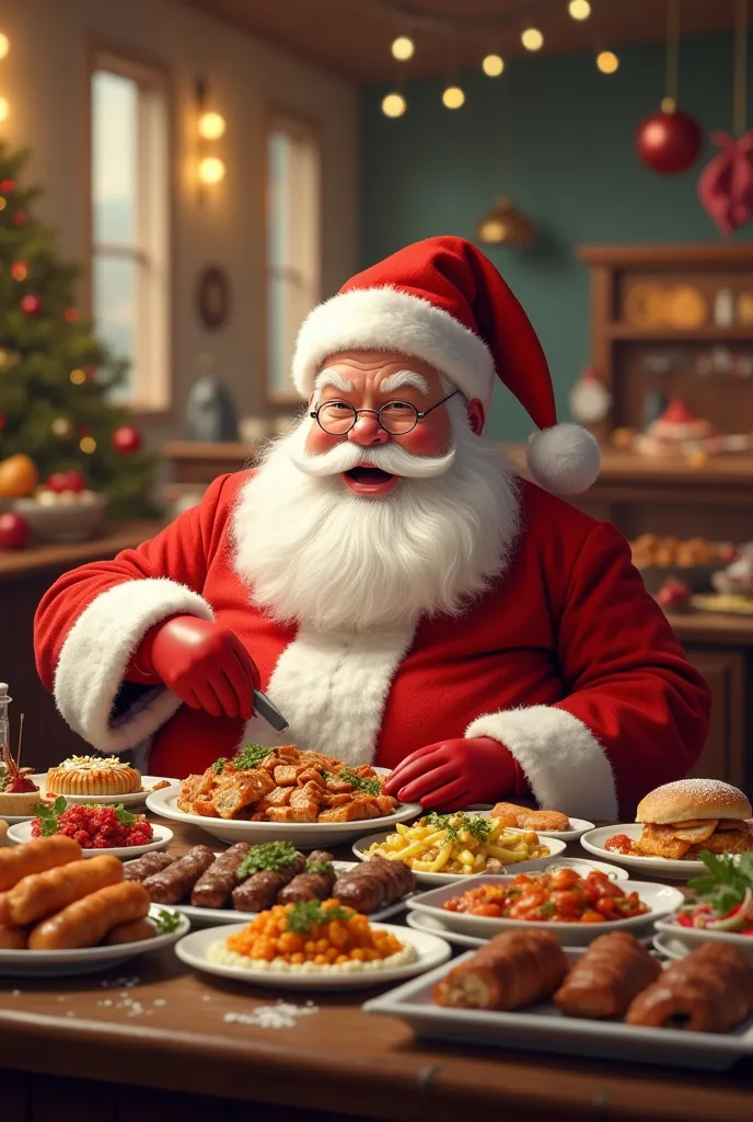 A Santa Claus sitting at an all you can eat buffet 