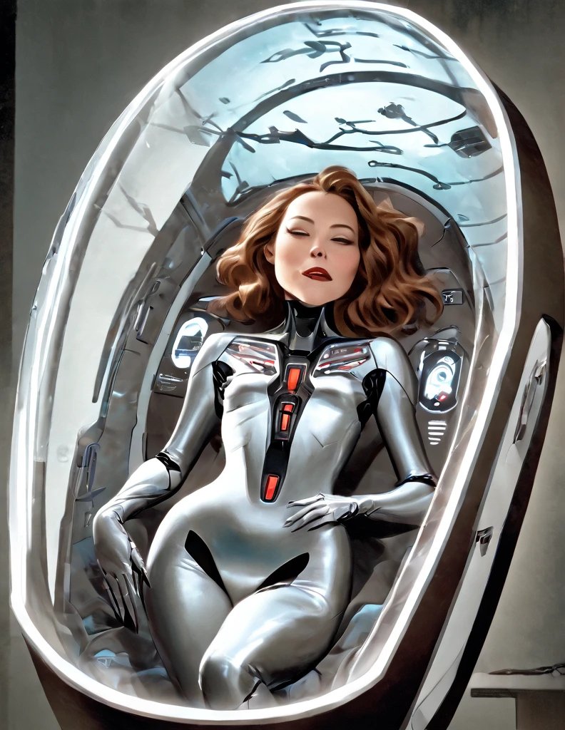 a middle-aged woman in a futuristic body suit,lying prone inside a sci-fi metallic capsule-shaped coffin,the interior glowing red,the coffin enclosed with a glass cover in the front,a monitor on the side of the coffin glowing pale blue displaying her vital signs,exaggerated anatomy,high-quality,8k,hyper-realistic,cinematic lighting,dark and moody atmosphere,dramatic lighting,muted color palette,photorealistic