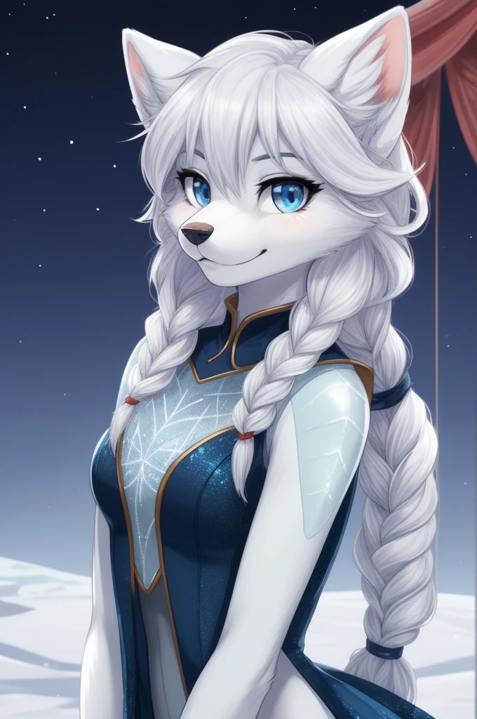 1girl, arctic_fox_girl, solo, elsa, blue eyes, white_fur, long hair, single braid、青い靴を履いている