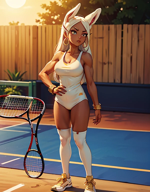 (muscular figure:1.2)1 girl, standing alone, latina, 2, milf, mature woman, (sun-kissed:1.5), long white hair, (dressing: red tank top, legging preta, gold earrings, gold bracelets, tennis:1.2) bunny ears 
