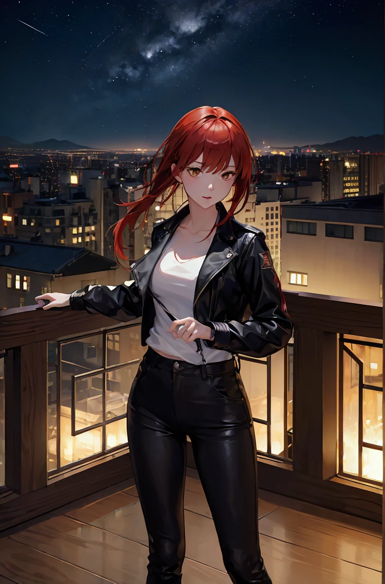 High resolution, (masterpiece:1.4), Very detailed, 1 person(),Night view,Rooftop,Confronting the Dark Side,shooting starの下で,Makima、Red hair,Tight jacket、skinny pants、 View from above, shooting star, floating, -0 hours