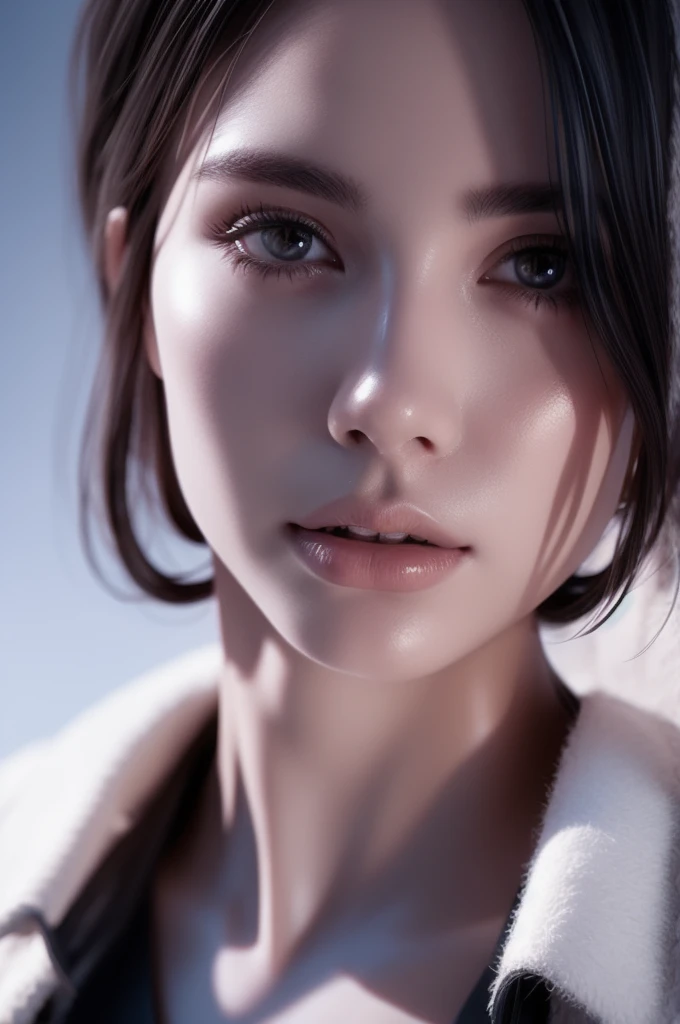 Beautiful girl with realistic black eyes, Pale skin, Medium length black hair, Perfect Face, Perfect Eyes, Wearing a coat, Advanced Details, Overall Movie, Digital Painting, 8k, Cinematic Lighting, Highest quality, High resolution, Detailed work, Post-processing, Perfect results, Ultra-realistic