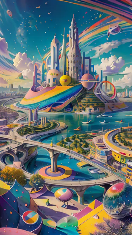 abstract art, ( surrealism )  ( surrealism ) a surreal scene involving (colors:1.5), cartoon city world. a world made of colorfu...