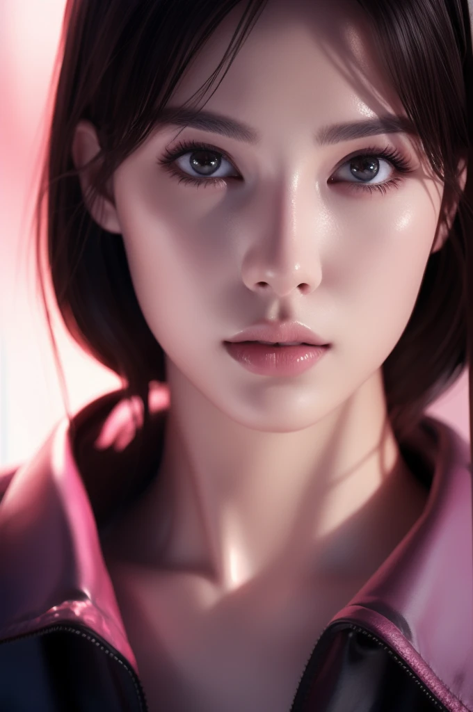 Beautiful girl with realistic black eyes, Pale skin, Glossy pink lips, Medium length black hair, Perfect Face, Perfect Eyes, Wearing a coat, Character portrait, Advanced Details, Overall Movie, Digital Painting, 8k, Cinematic Lighting, Highest quality, High resolution, Detailed work, Post-processing, Perfect results, Ultra-realistic