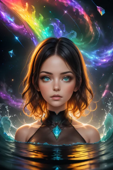 color drawing of a beautiful young woman., mysterious waves at night. 3d. rainbow colors. the beauty of the melting universe. su...