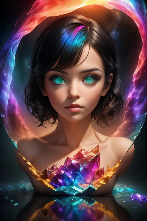 color drawing of a beautiful young woman., mysterious waves at night. 3d. rainbow colors. the beauty of the melting universe. su...