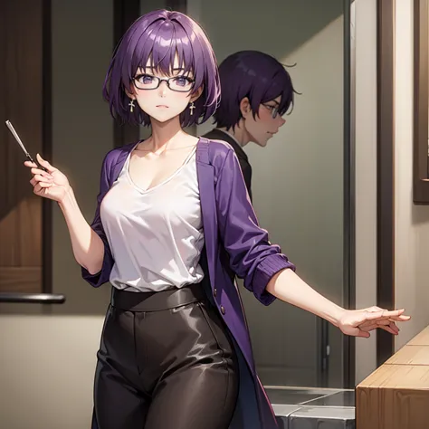 1 girl, mature female, masterpiece, , goddess,short hair ,((purple hair)),glasses