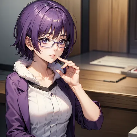 1 girl, mature female, masterpiece, , goddess,short hair ,((purple hair)),glasses